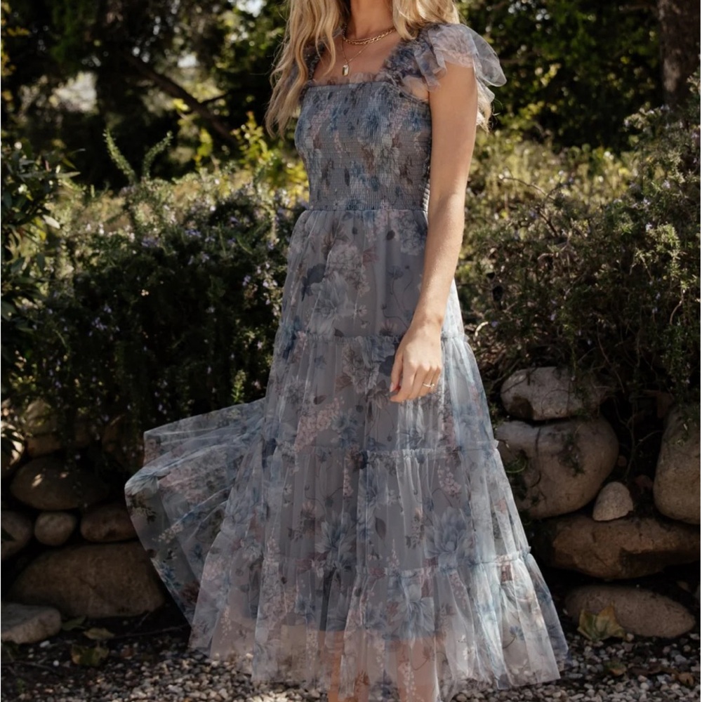 Clementine Tulle Midi Dress | Dusty Blue Floral